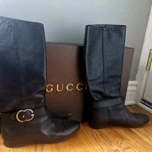 Gucci Black Leather Sachalin Interlocking Double G Riding Knee High Flat Boots